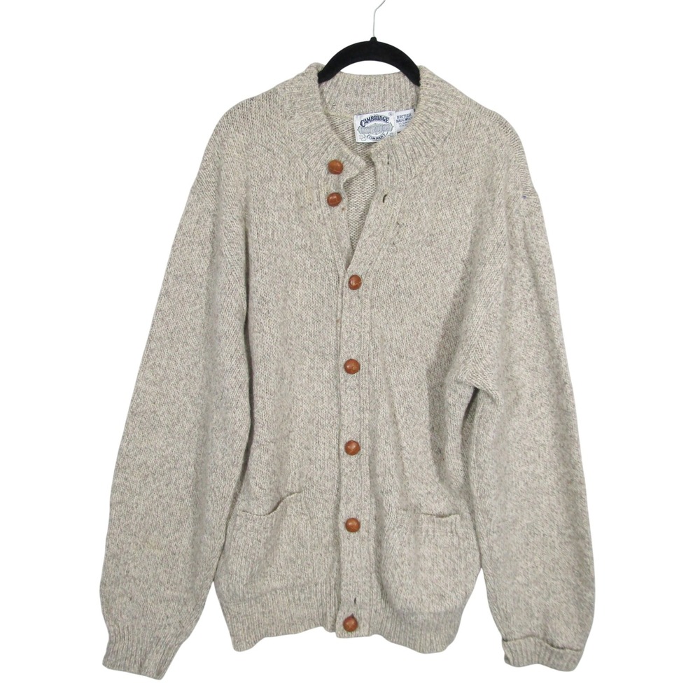 Cambridge Dry Goods Mens XL British Ragg Wool Cardigan Sweater Elbow Patches Tan